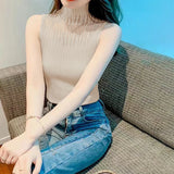 Women's Korean Knitted Half High Neck Vest Summer Sleeveless Solid Color Thin Tank Top 