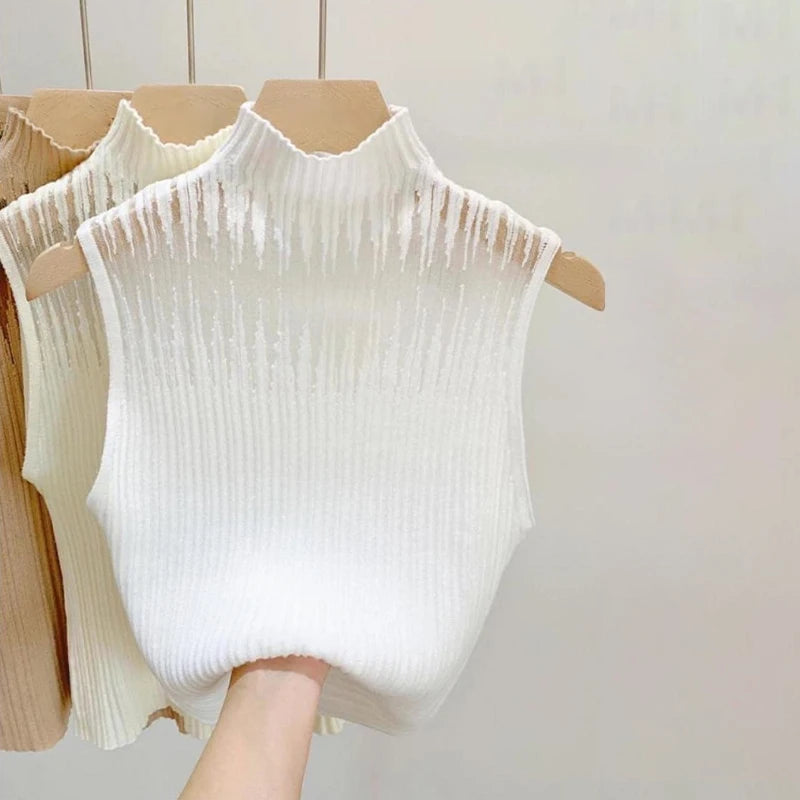 Women's Korean Knitted Half High Neck Vest Summer Sleeveless Solid Color Thin Tank Top 