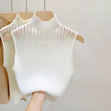 Women's Korean Knitted Half High Neck Vest Summer Sleeveless Solid Color Thin Tank Top 