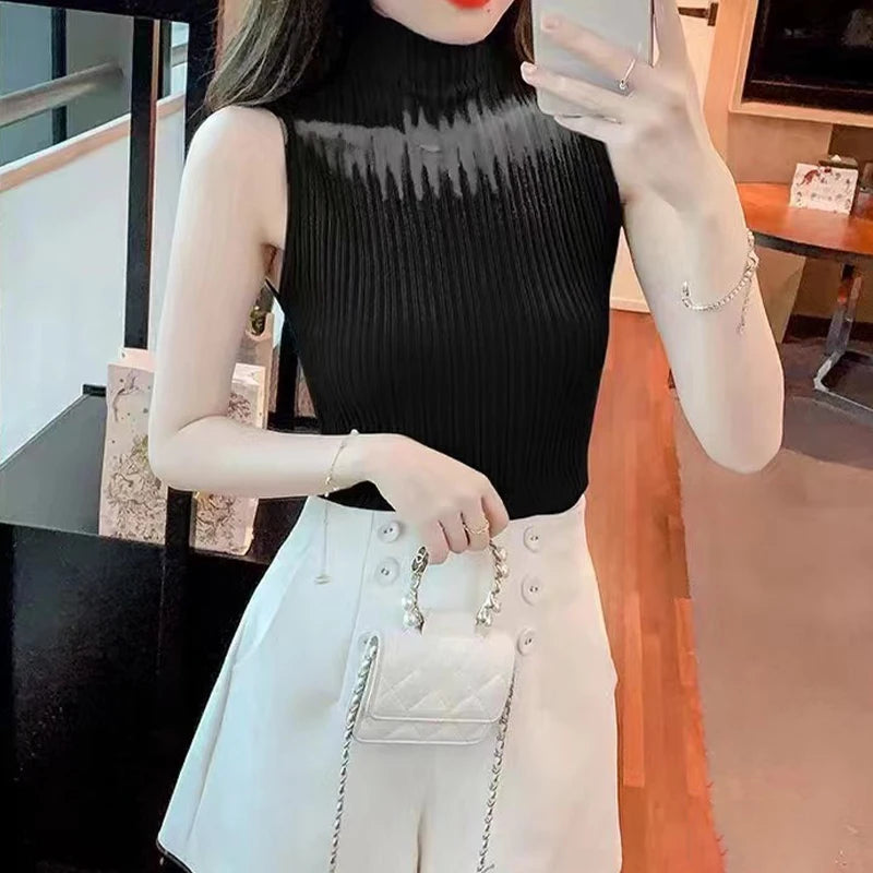 Women's Korean Knitted Half High Neck Vest Summer Sleeveless Solid Color Thin Tank Top 