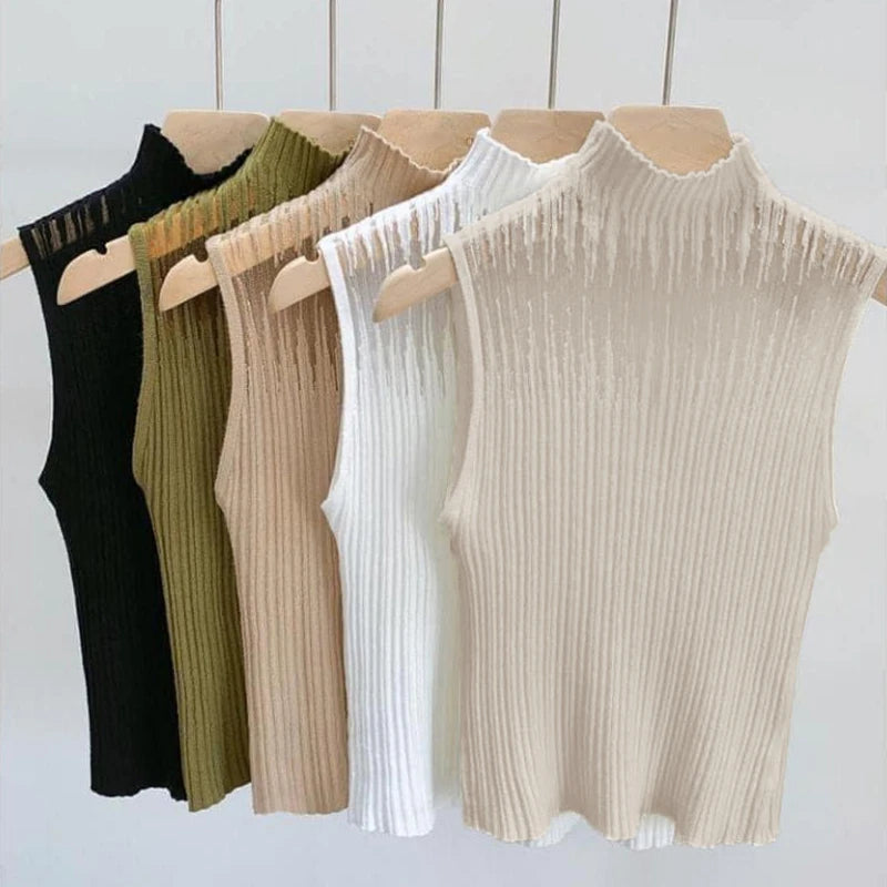 Women's Korean Knitted Half High Neck Vest Summer Sleeveless Solid Color Thin Tank Top 