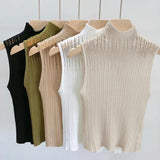 Women's Korean Knitted Half High Neck Vest Summer Sleeveless Solid Color Thin Tank Top 