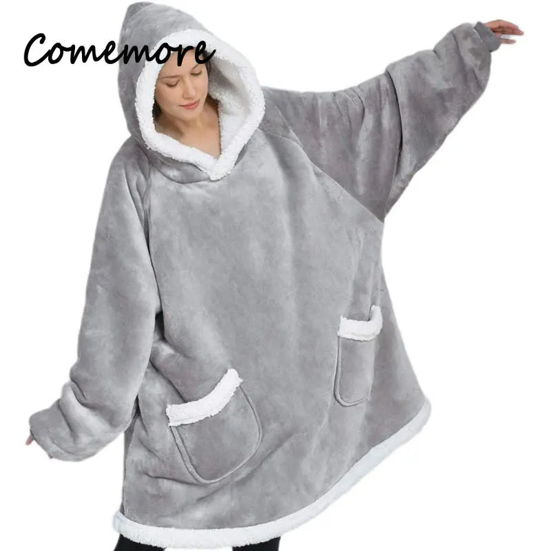 Comemore-Cobertor extragrande com capuz feminino com mangas, moletom xadrez, capuz velo, pijama feminino, roupa de casa, outono, inverno