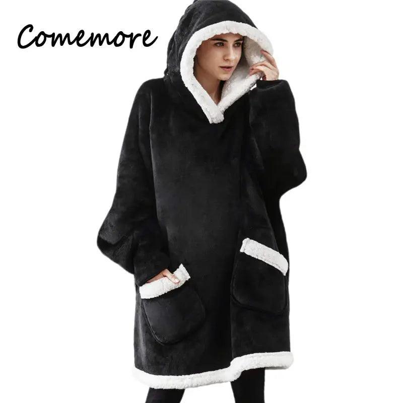 Comemore-Cobertor extragrande com capuz feminino com mangas, moletom xadrez, capuz velo, pijama feminino, roupa de casa, outono, inverno