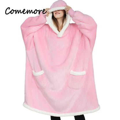 Comemore-Cobertor extragrande com capuz feminino com mangas, moletom xadrez, capuz velo, pijama feminino, roupa de casa, outono, inverno