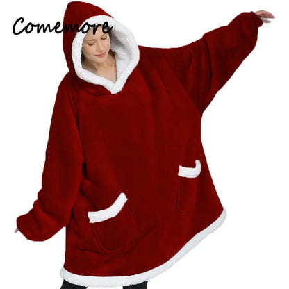 Comemore-Cobertor extragrande com capuz feminino com mangas, moletom xadrez, capuz velo, pijama feminino, roupa de casa, outono, inverno