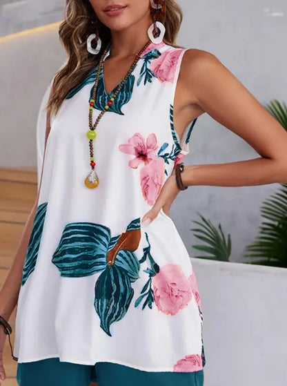 Women Summer Casual Shorts Set Floral Print Vest Pocket Elegant Ladies Fashion Vacation 