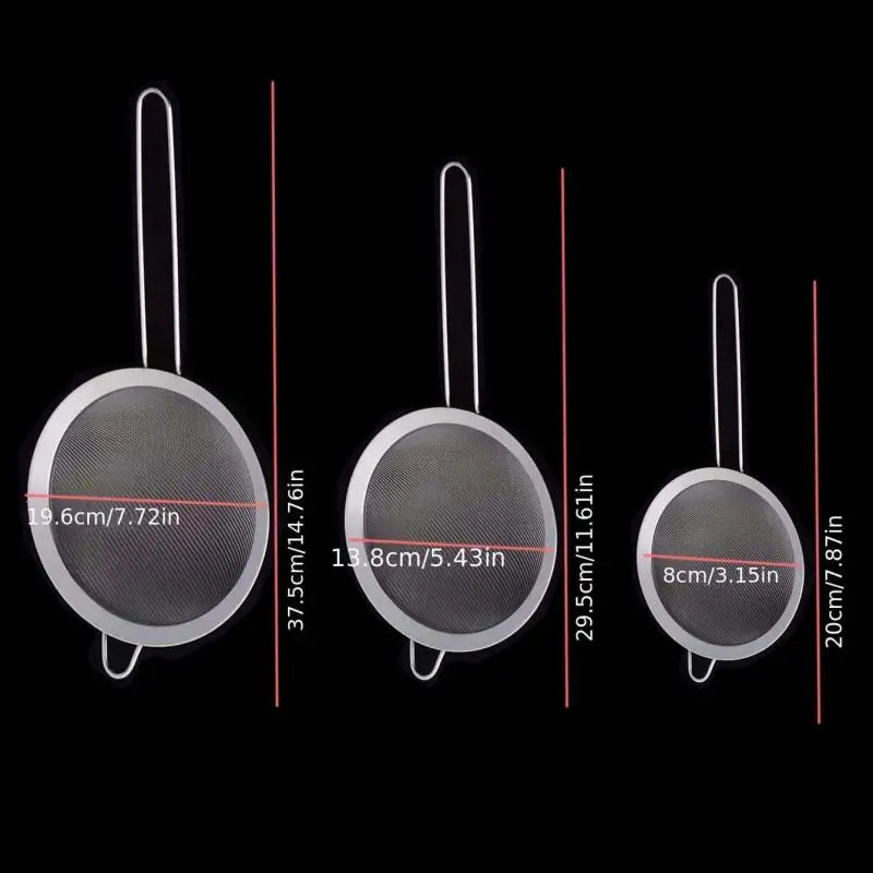 Set of 3 Fine Mesh Filter Stainless Steel Skimmer Fine Food Strainer with Long Handle Kitchen Tool 