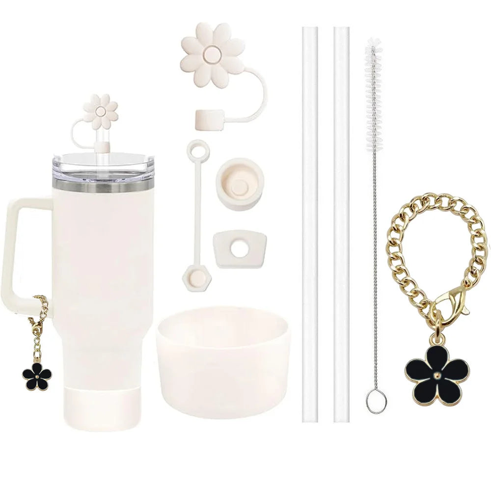 Juego de accesorios para pajitas Stanley Cup: 2 pajitas, cepillo, cadena floral, antiderrames, tapón, flores y cubrebotas (9 unidades) 