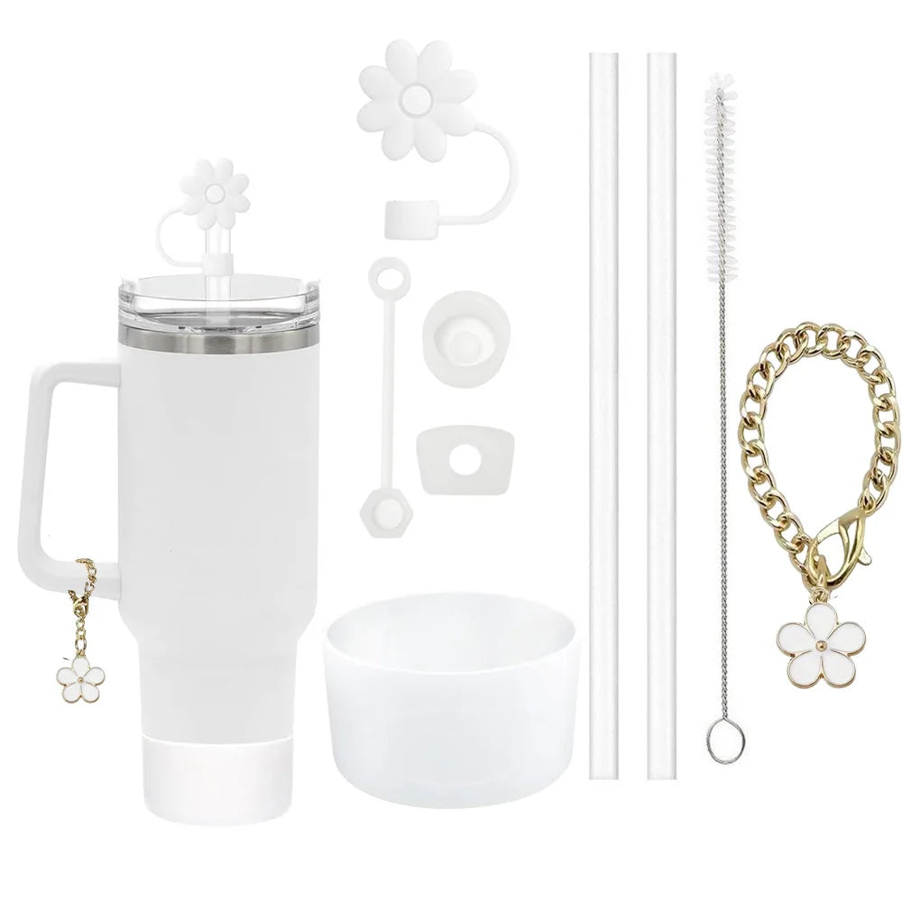 Juego de accesorios para pajitas Stanley Cup: 2 pajitas, cepillo, cadena floral, antiderrames, tapón, flores y cubrebotas (9 unidades) 