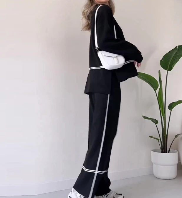 Conjunto de calças soltas e top casual de manga comprida para mulheres, roupas de moda, novas, outono, 203, 2 peças