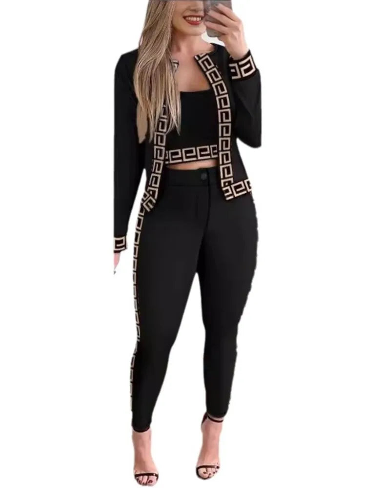 Conjunto de camisola de manga comprida e calça fina feminina, moda feminina, streetwear, tendência, primavera, outono, novo, 3 peças