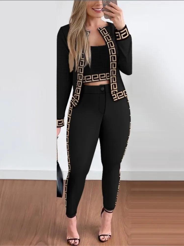 Conjunto de camisola de manga comprida e calça fina feminina, moda feminina, streetwear, tendência, primavera, outono, novo, 3 peças