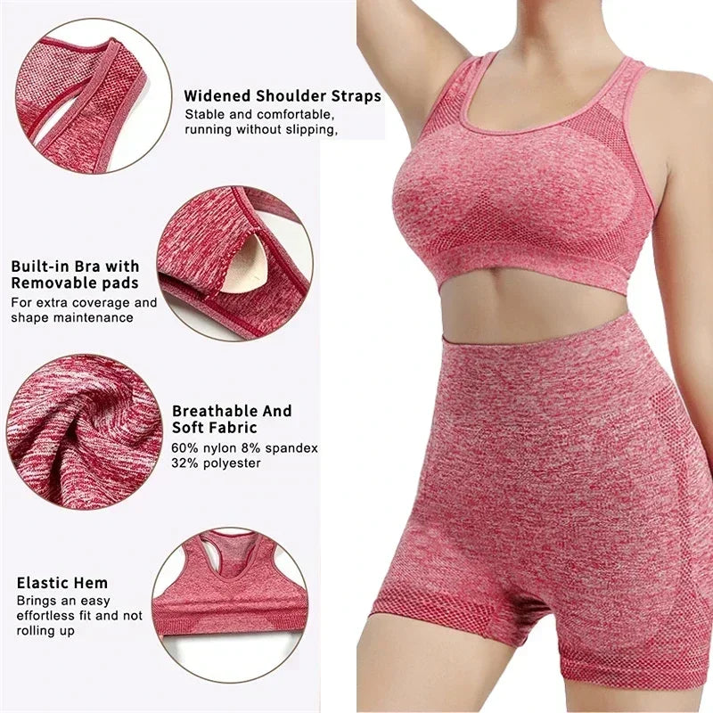 Seamless Yoga Set for Women Gym Shorts Sports Bra Workout Tops Fitness Leggings Outfits Sets 