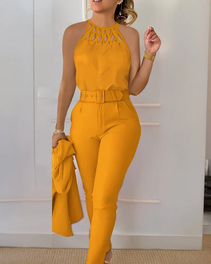 Conjunto diário de calças feminino oco com gola redonda sem mangas regata e bolso casual, roupa fashion, verão, 2 peças, 2024