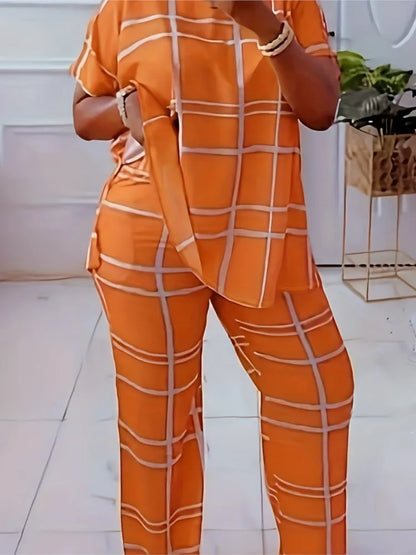 Conjunto feminino de 2 peças em grade listrada, casual, gola redonda, grande, confortável, novo, elementos de moda, primavera, outono