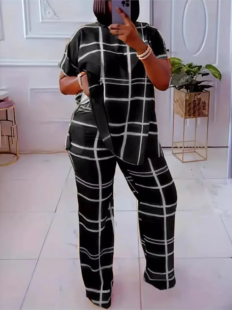 Conjunto feminino de 2 peças em grade listrada, casual, gola redonda, grande, confortável, novo, elementos de moda, primavera, outono