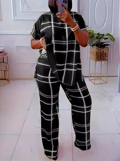 Conjunto feminino de 2 peças em grade listrada, casual, gola redonda, grande, confortável, novo, elementos de moda, primavera, outono
