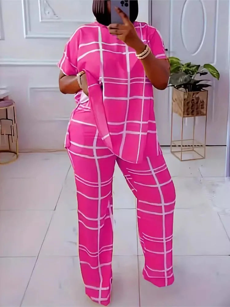 Women's Striped Grid 2 Piece Set Casual O-Neck Oversized Comfortable New Fashion Elements Spring Autumn 