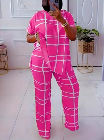 Conjunto feminino de 2 peças em grade listrada, casual, gola redonda, grande, confortável, novo, elementos de moda, primavera, outono