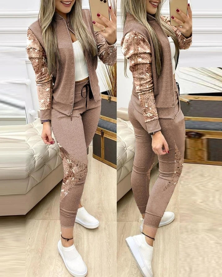 Conjuntos de dos piezas para mujer, conjunto informal de manga larga con lentejuelas en contraste, diseño de cremallera, chaqueta y pantalones ajustados con cordón, conjunto de otoño 