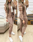 Conjuntos de dos piezas para mujer, conjunto informal de manga larga con lentejuelas en contraste, diseño de cremallera, chaqueta y pantalones ajustados con cordón, conjunto de otoño 