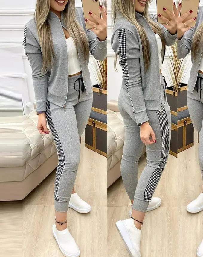 Conjuntos de dos piezas para mujer, conjunto informal de manga larga con lentejuelas en contraste, diseño de cremallera, chaqueta y pantalones ajustados con cordón, conjunto de otoño 