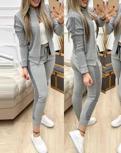 Conjuntos de dos piezas para mujer, conjunto informal de manga larga con lentejuelas en contraste, diseño de cremallera, chaqueta y pantalones ajustados con cordón, conjunto de otoño 