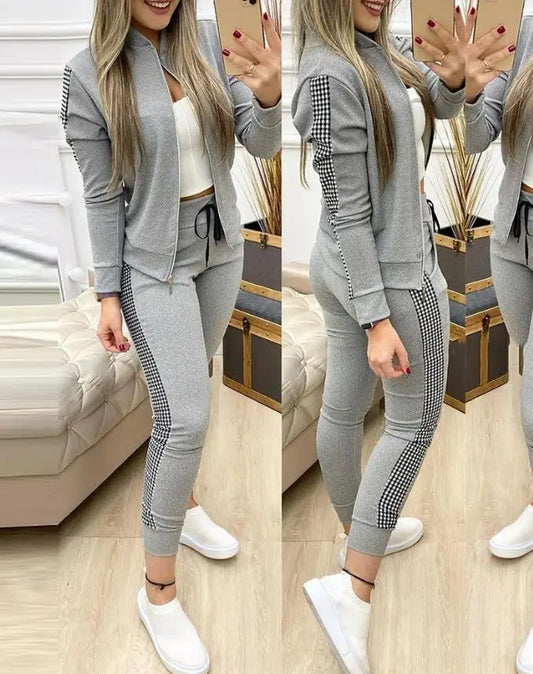 Conjuntos de duas peças das mulheres outfits casual manga longa contraste lantejoulas zíper design jaqueta & cordão calças magras conjunto outono