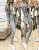 Conjuntos de dos piezas para mujer, conjunto informal de manga larga con lentejuelas en contraste, diseño de cremallera, chaqueta y pantalones ajustados con cordón, conjunto de otoño 