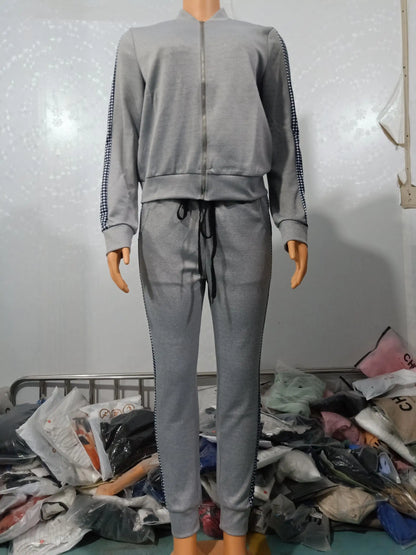 Conjuntos de dos piezas para mujer, conjunto informal de manga larga con lentejuelas en contraste, diseño de cremallera, chaqueta y pantalones ajustados con cordón, conjunto de otoño 
