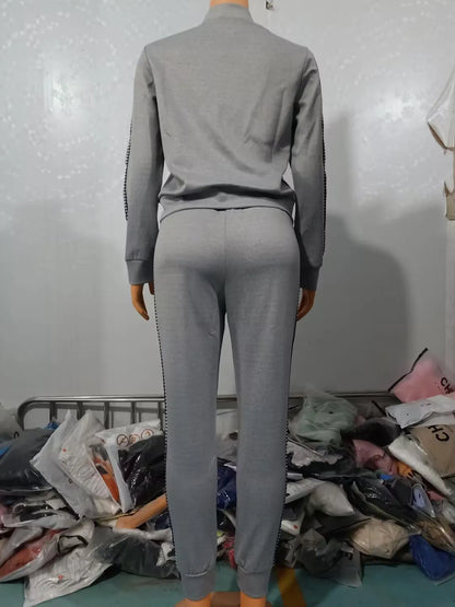 Conjuntos de dos piezas para mujer, conjunto informal de manga larga con lentejuelas en contraste, diseño de cremallera, chaqueta y pantalones ajustados con cordón, conjunto de otoño 