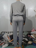 Conjuntos de dos piezas para mujer, conjunto informal de manga larga con lentejuelas en contraste, diseño de cremallera, chaqueta y pantalones ajustados con cordón, conjunto de otoño 