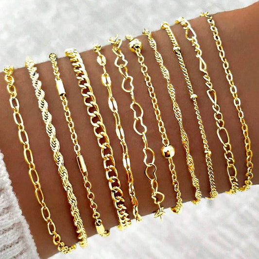 Conjuntos de pulseiras de corrente torcida vintage para mulheres Boho Punk, cor prateada e dourada, pulseira de link cubano ajustável, jóias da moda, 11 peças