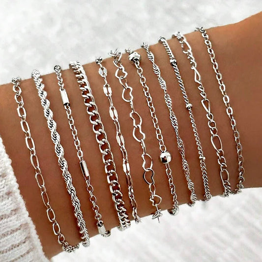 Conjuntos de pulseiras de corrente torcida vintage para mulheres Boho Punk, cor prateada e dourada, pulseira de link cubano ajustável, jóias da moda, 11 peças