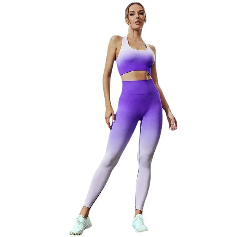 Gradient Color Yoga Sets Sports Fitness High Waist Hip-lifting Shaping Pants Bra Suit Workout Gym Leggings Sets For Women 