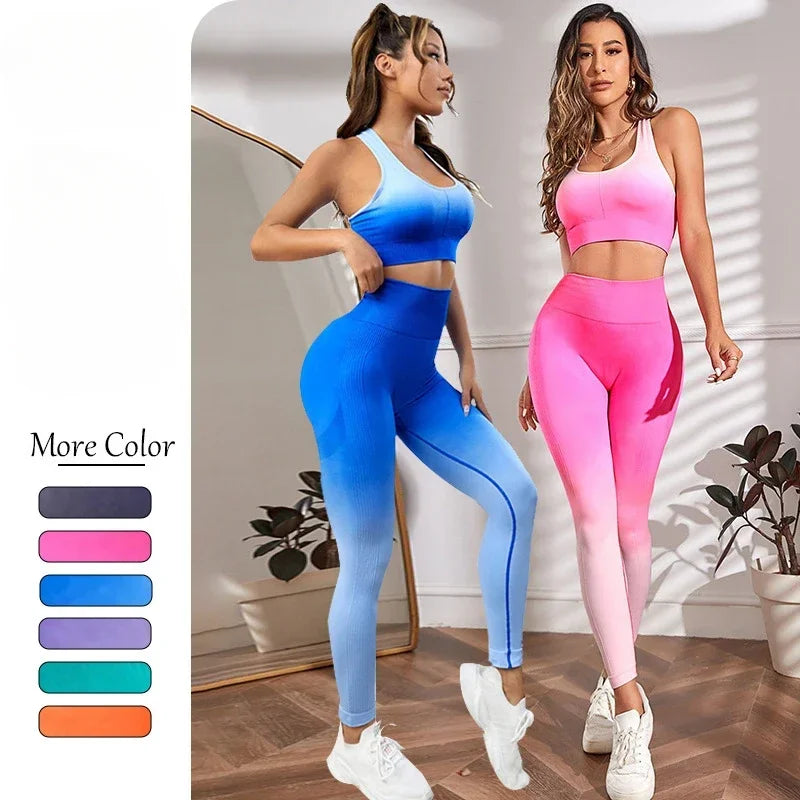 Gradient Color Yoga Sets Sports Fitness High Waist Hip-lifting Shaping Pants Bra Suit Workout Gym Leggings Sets For Women 