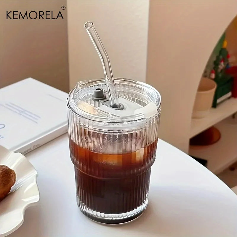 Copo De Vidro Transparente Com Tampa E Palha, Caneca De Café De Gelo, Xícara De Chá, Suco, Leite, Copos De Água, 450ml, 1 Pc, 2Pcs