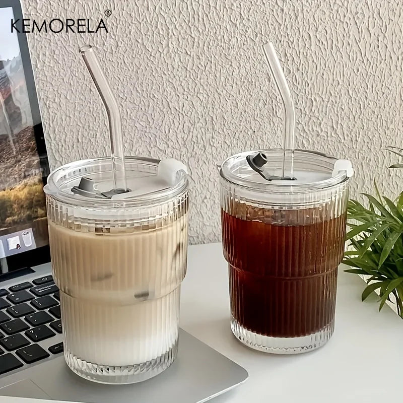 Copo De Vidro Transparente Com Tampa E Palha, Caneca De Café De Gelo, Xícara De Chá, Suco, Leite, Copos De Água, 450ml, 1 Pc, 2Pcs