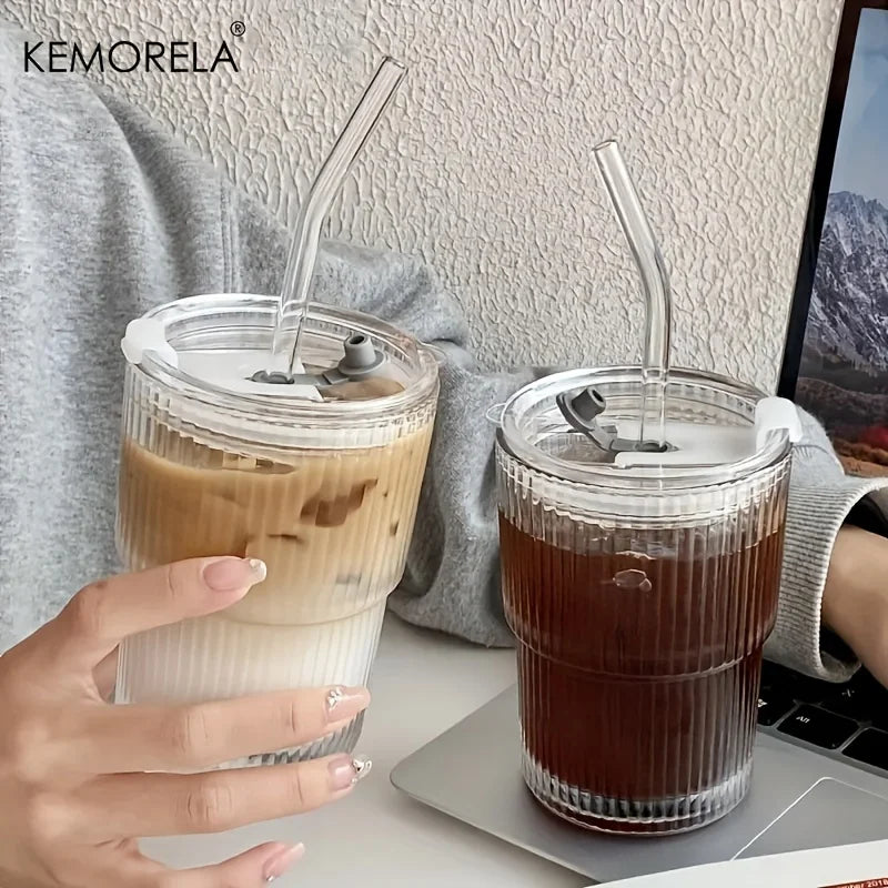 Copo De Vidro Transparente Com Tampa E Palha, Caneca De Café De Gelo, Xícara De Chá, Suco, Leite, Copos De Água, 450ml, 1 Pc, 2Pcs