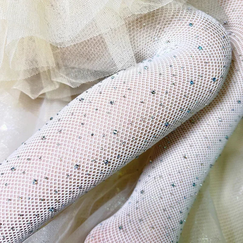 Medias de rejilla de moda para niñas, con encaje hueco y purpurina de diamantes de imitación, de verano 