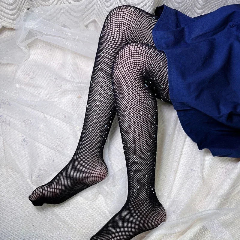 Crianças meninas collants moda fishnet meias oco rendas strass glitter meia-calça para crianças menina verão malha meias do bebê