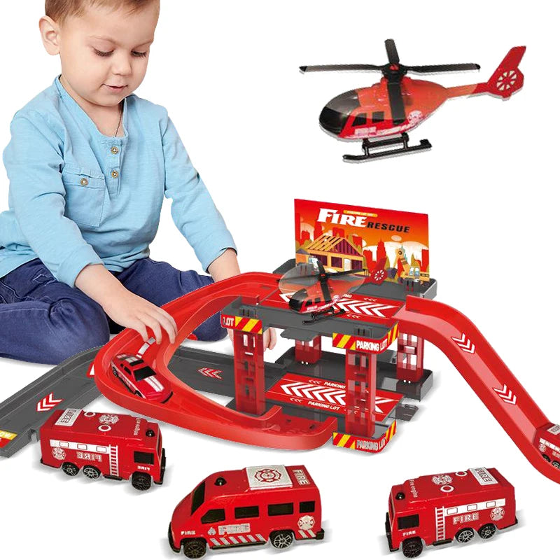 Children Track Parking Toys Multi-storey Parking Building Fire Police Engineering Dinosaur Car Car Toys 