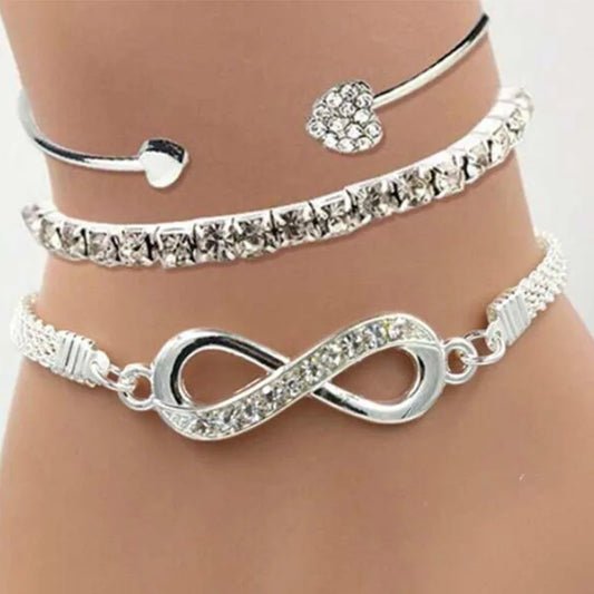 Cristal strass pulseiras de coração para mulheres, conjunto vintage, cor prata, geométrico, ajustável, pulseira infinita, jóias da moda