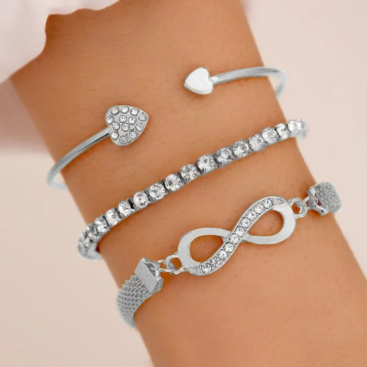 Cristal strass pulseiras de coração para mulheres, conjunto vintage, cor prata, geométrico, ajustável, pulseira infinita, jóias da moda