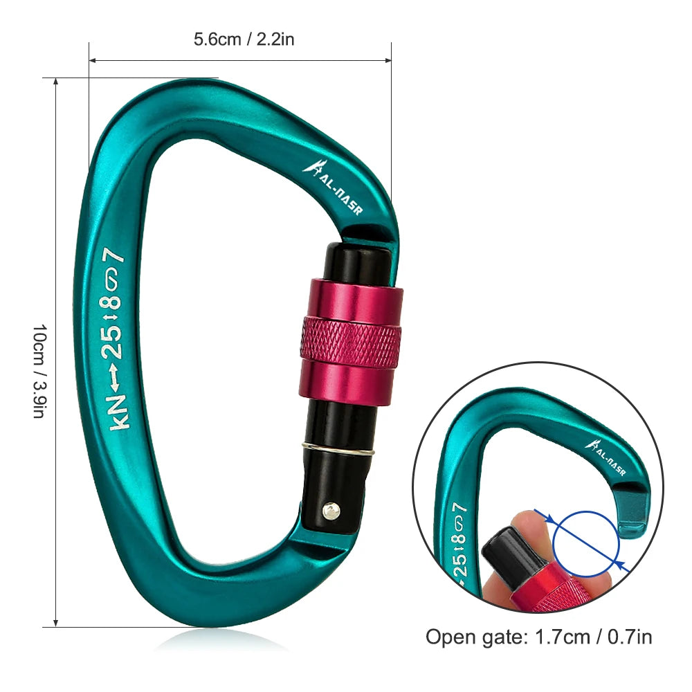 D-Shape Mosquetão Profissional, Parafuso de Bloqueio Portão Mosquetão, Escalada Rapel Gear, Equipamento Rápido, Ferramentas EDC ao ar livre, 25KN