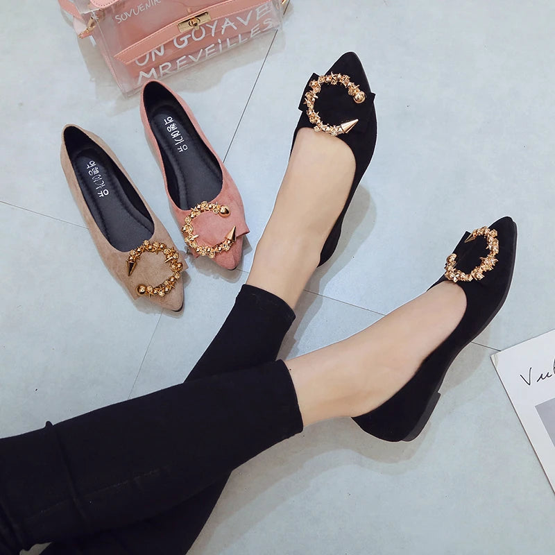 DLSYXD-Women's shoes, fine toe, wear-resistant, comfortable, non-slip, simple metal decorative, fashion casual, spring and autumn 