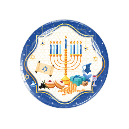 Artículos desechables para Hanukkah judío: cubiertos, platos, servilletas, vasos y decoraciones para fiestas. 