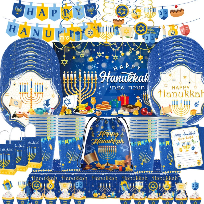 Disposable Jewish Hanukkah Supplies, Cutlery Set, Plates, Napkins, Cup, Festival Party Decorations 