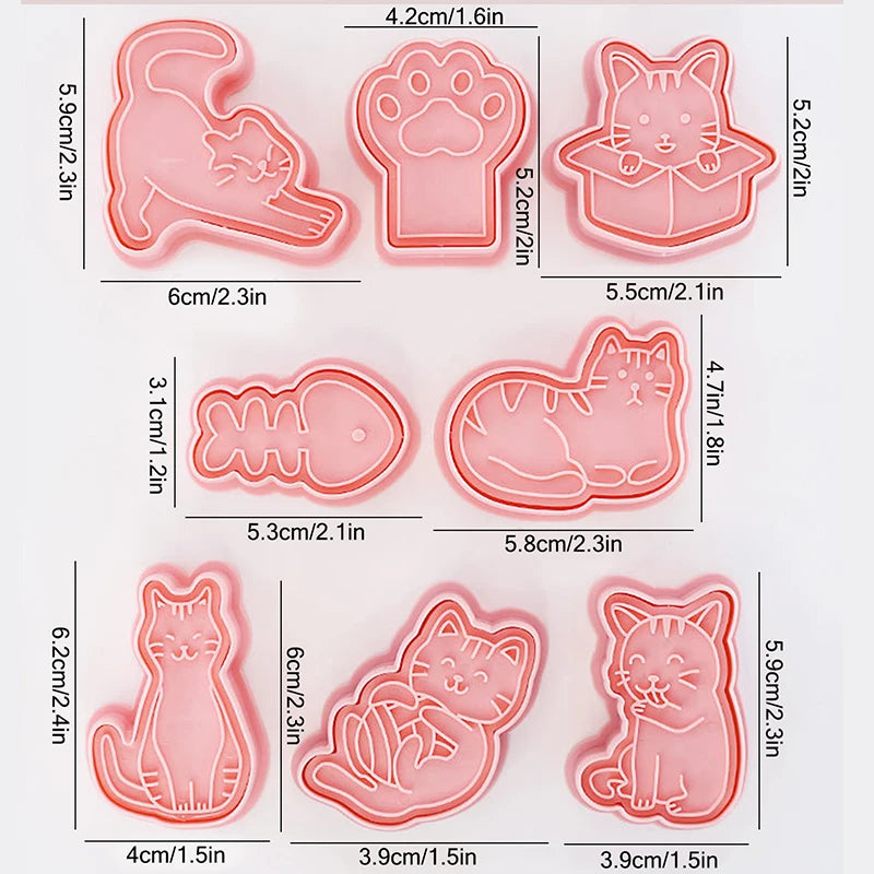 Juego de moldes para galletas con forma de garra de gato, forma de espina de pescado, sello para galletas, herramientas para decorar pasteles con fondant, plástico 3D de presión manual, 8 piezas 
